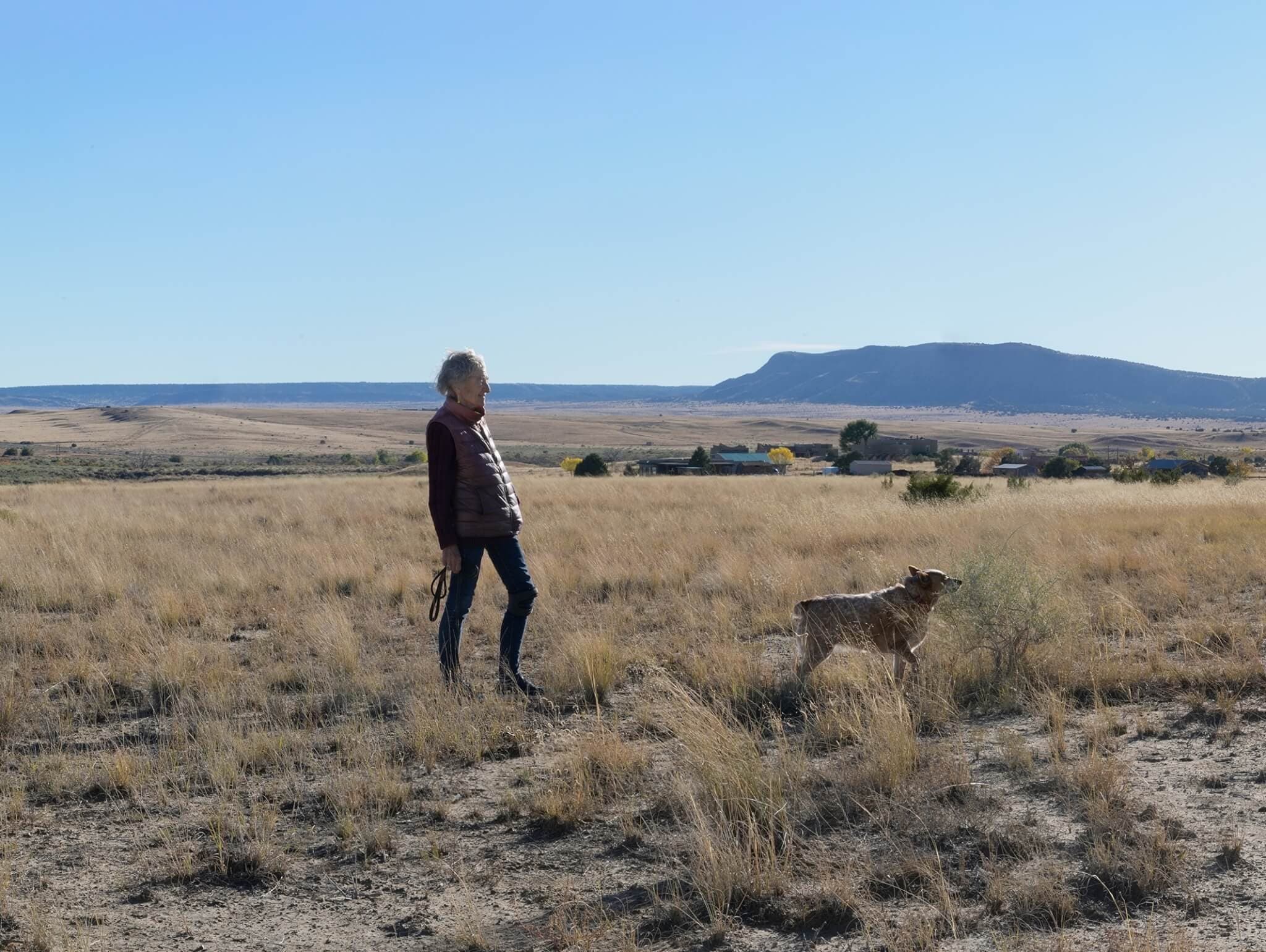A woman and dog stand in a barren field.